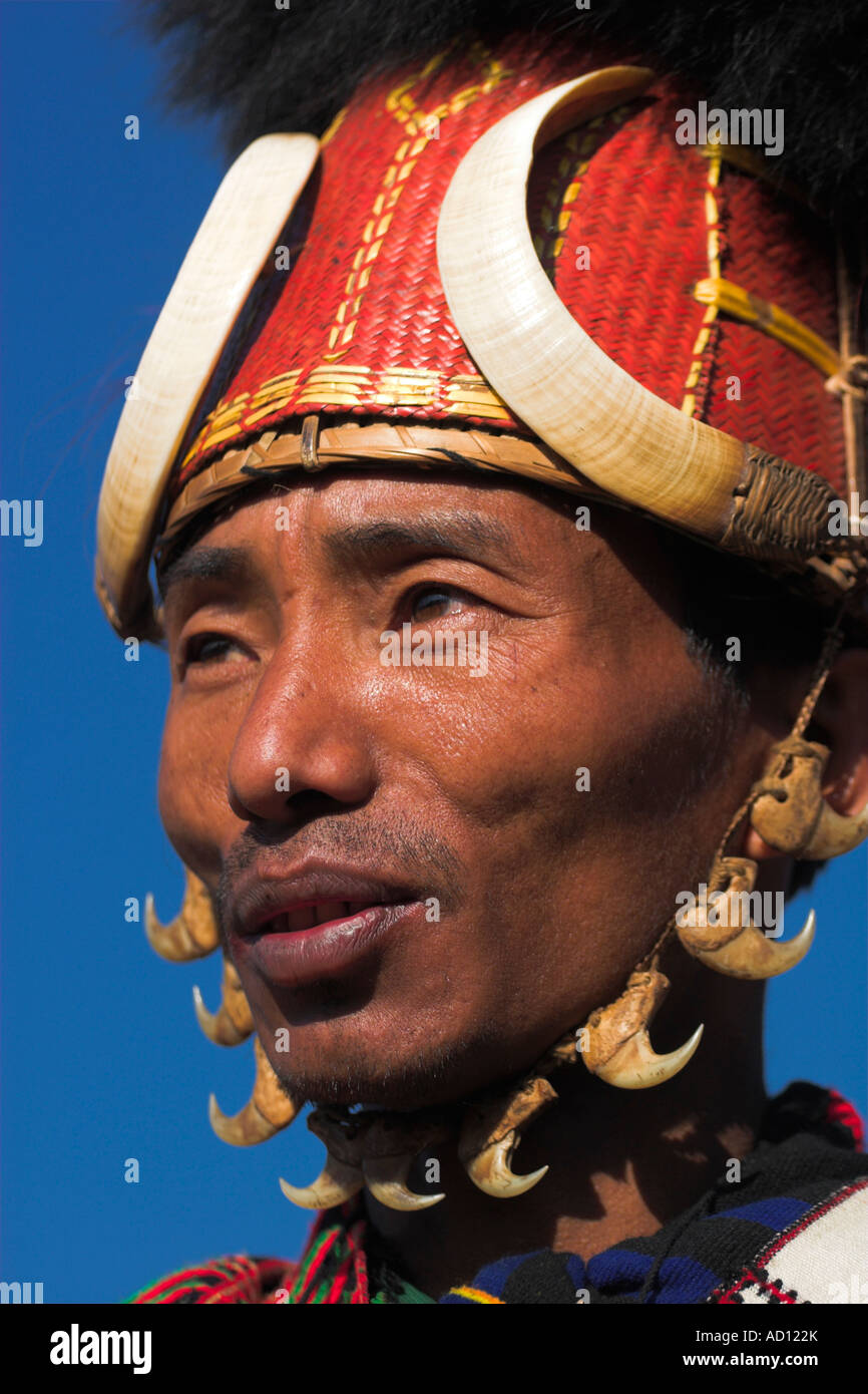 Myanmar (Burma), Sagaing Region, Lahe village, Naga New Year Festival, Naga man wearing headdress Stock Photo