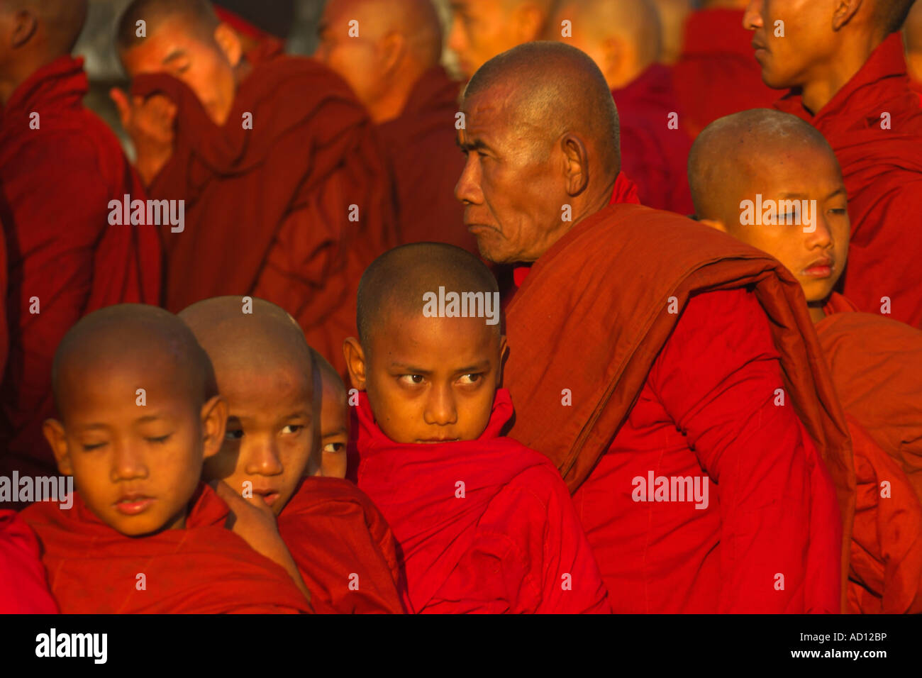 Myanmar, Bagan, Old Bagan, Ananda Pahto (Temple) Ananda festival, Monks iwaitng in a long line to collect alms Stock Photo