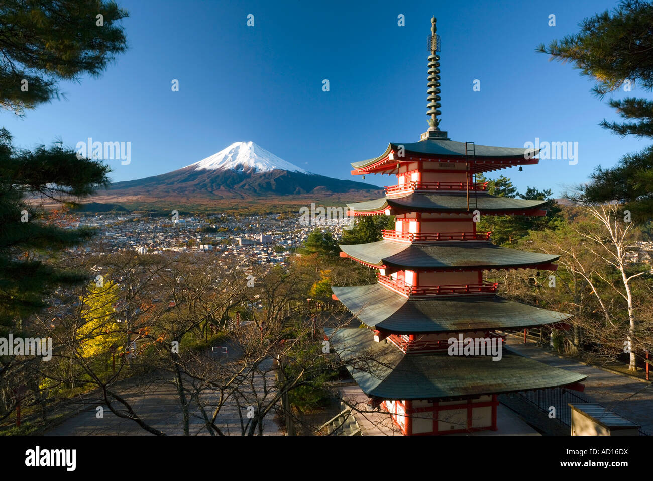 Mount Fuji and temple, Fuji-Hakone-Izu National Park, Japan Stock Photo