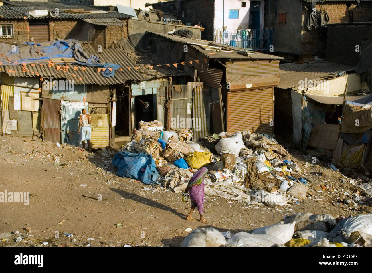 Horizontal aerial view of the poor Indian residents of the slums 'Jhuggies' on the outskirts of Mumbai Stock Photo