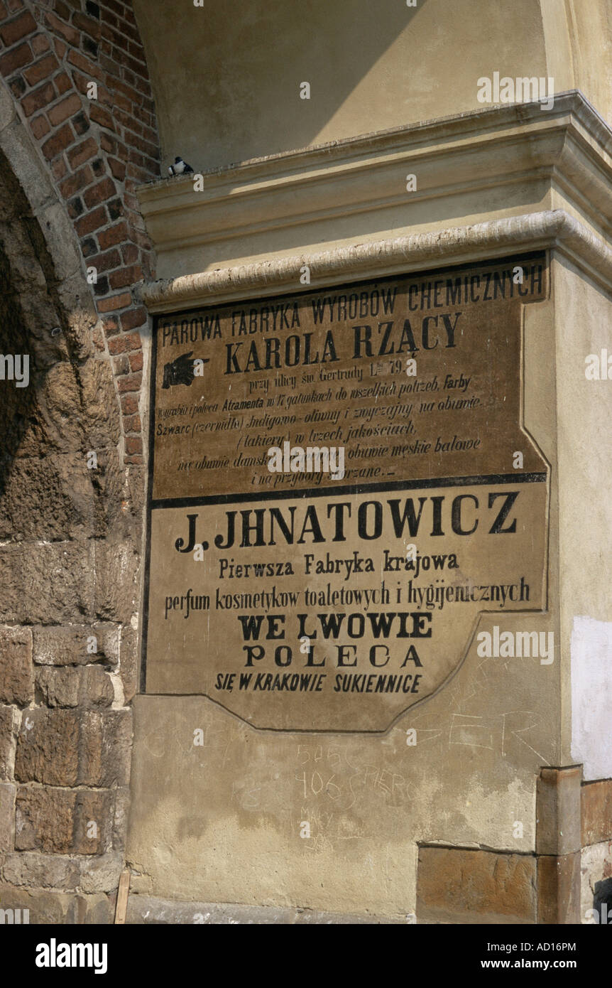 Old advertising plaques, Cloth Hall, Krakow, Poland Stock Photo