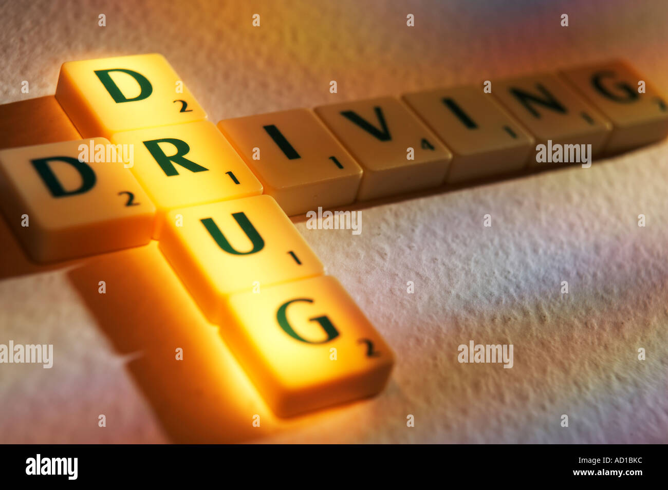 SCRABBLE BOARD GAME LETTERS SPELLING THE WORDS DRUG DRIVING Stock Photo