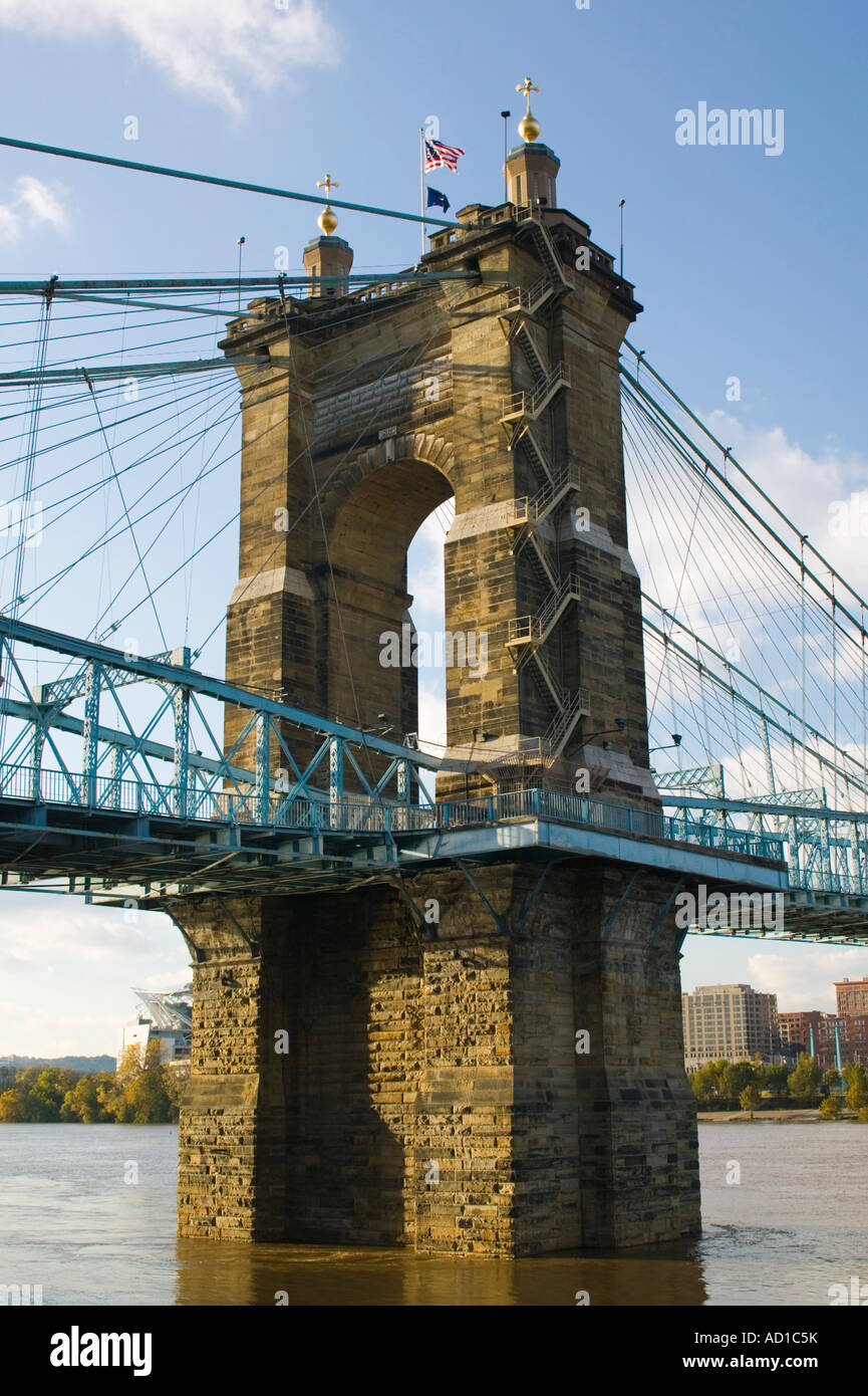 Roebling Suspension Bridge & Ohio Rvier, Cincinnati, Ohio, USA Stock