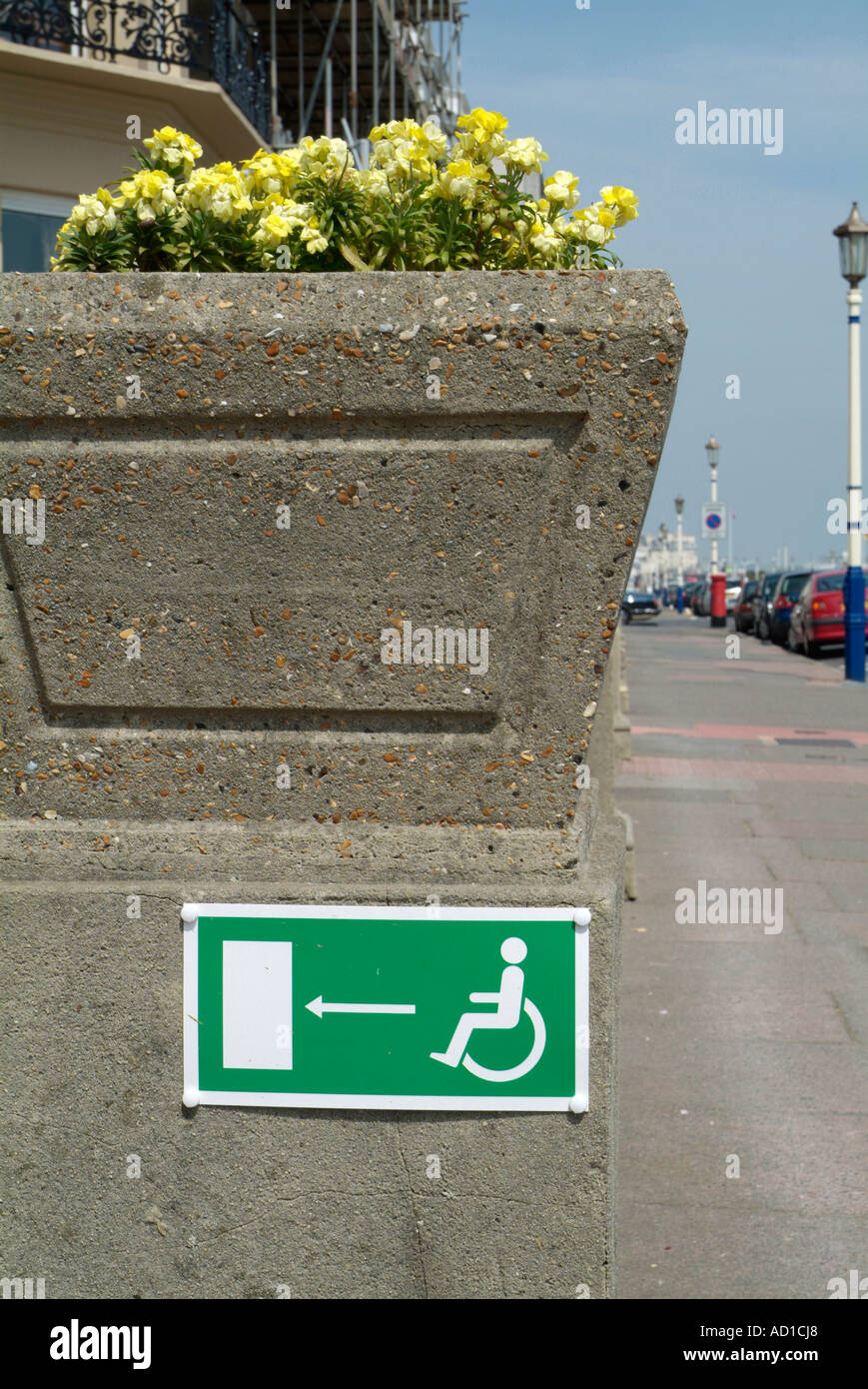 Disabled entrance sign to a hotel in Eastbourne England UK 13th May