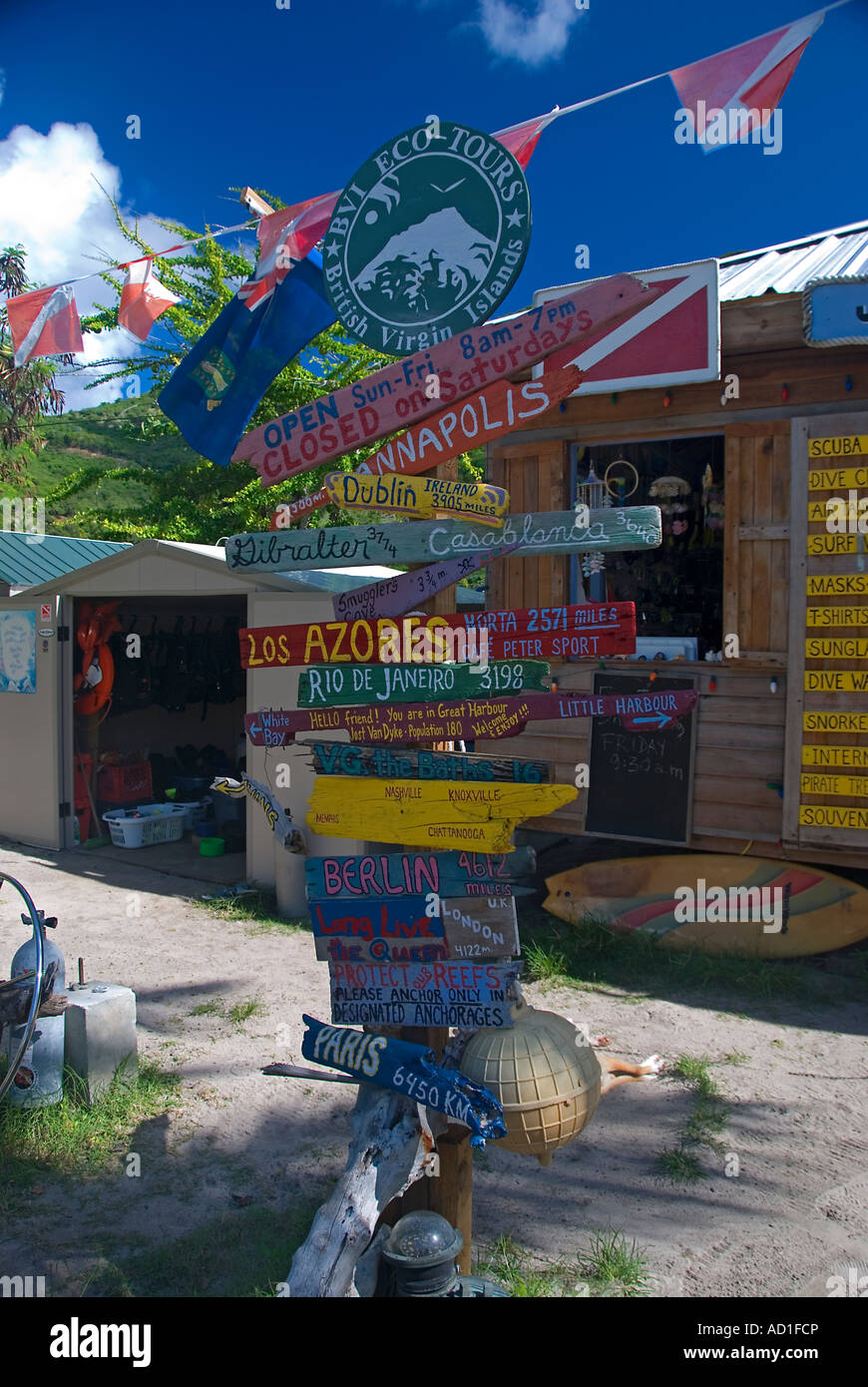 Jost Van Dyke, BVI, British Virgin Islands, typical, local, signs, tropical, summer, holiday, vacation, leisure time, dive Stock Photo