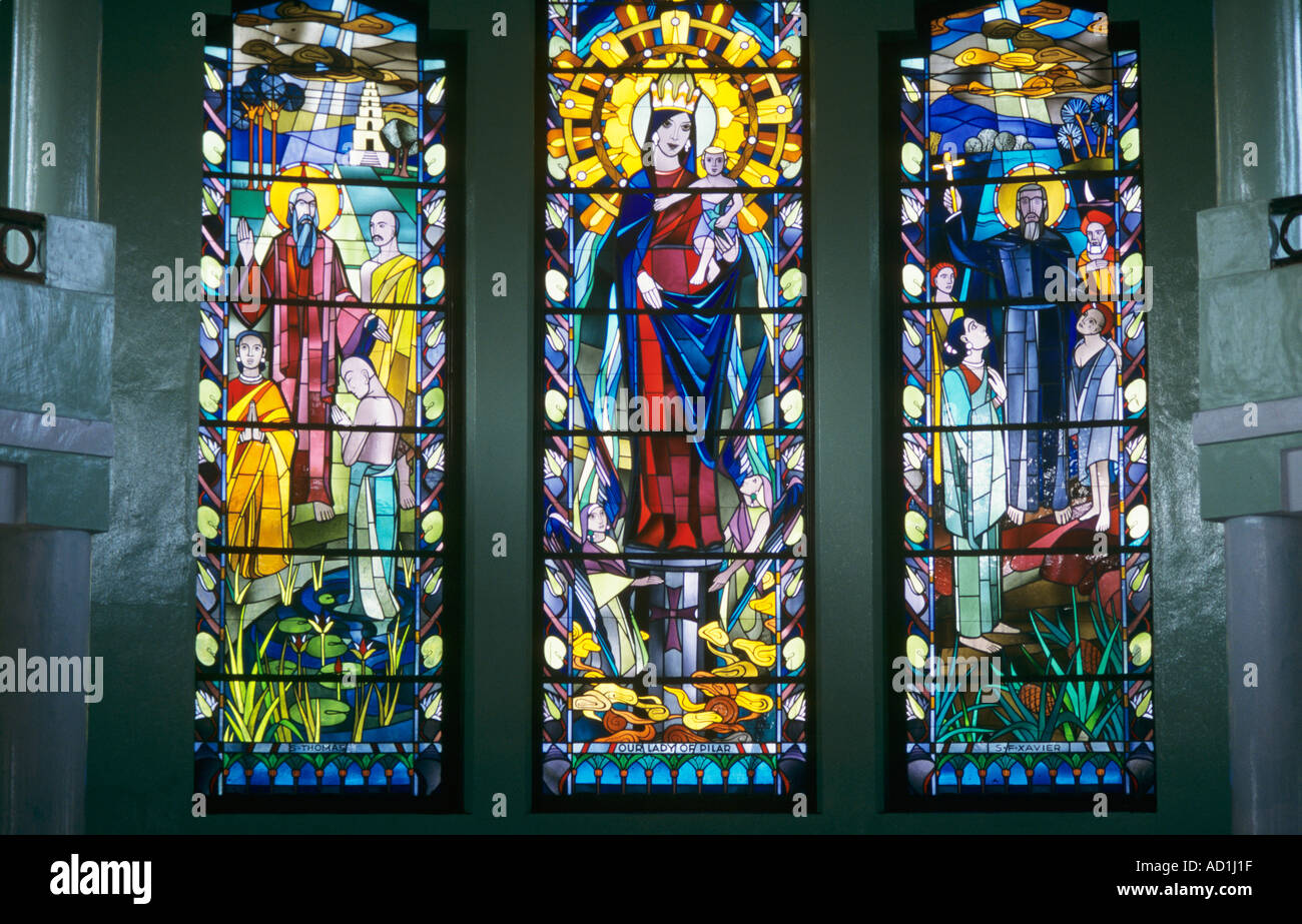 Stained glass window Pilar Seminary Chapel Tiswadi Goa India Stock Photo