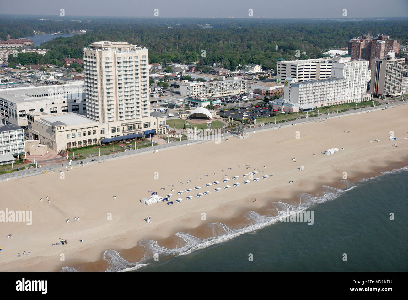 Virginia Beach,aerial overhead view from above,view,Atlantic Ocean water shore,oceanfront,seaside,hotel hotels lodging inn motel motels,condominium co Stock Photo