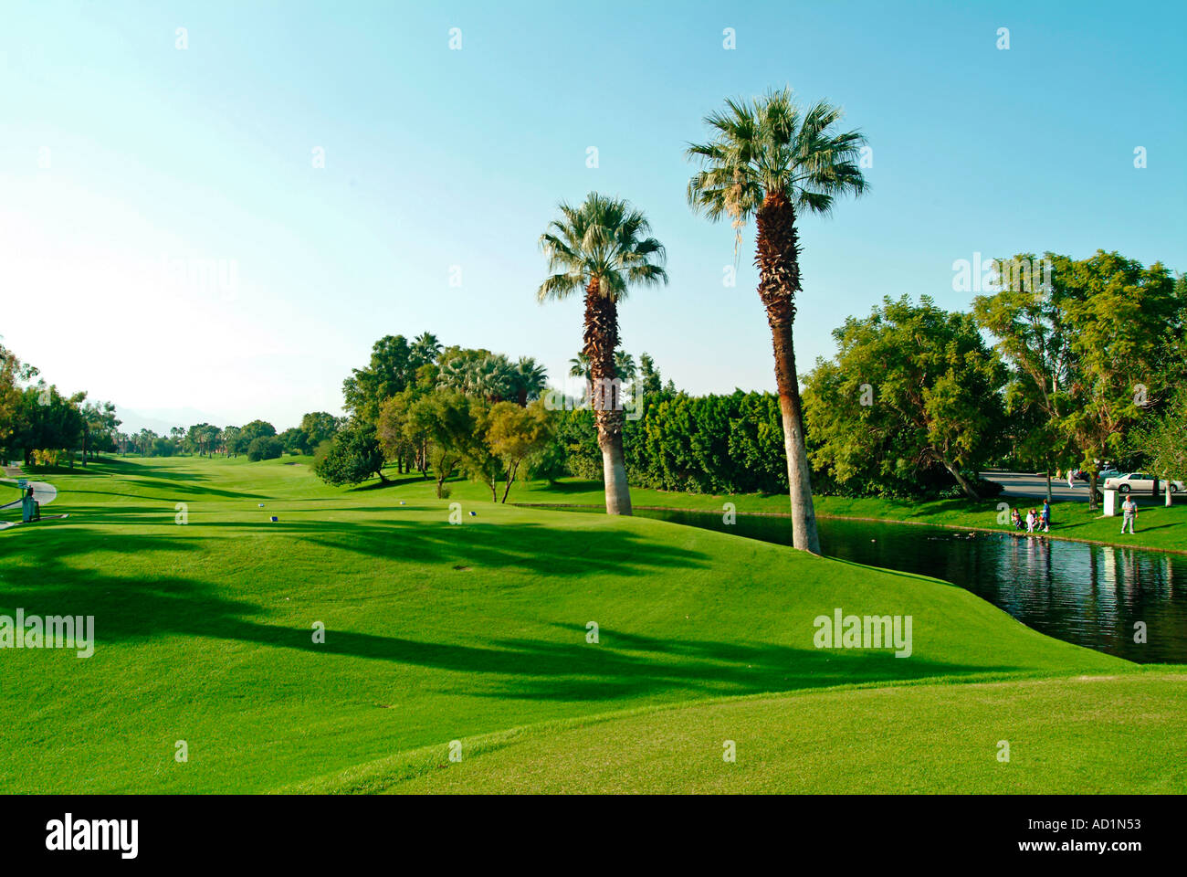 Approaching Green with Water Hazzard Monterey Country Club Palm Desert California Stock Photo