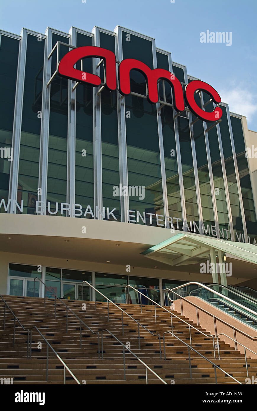AMC theaters in Burbank California steps escalators red sign Stock