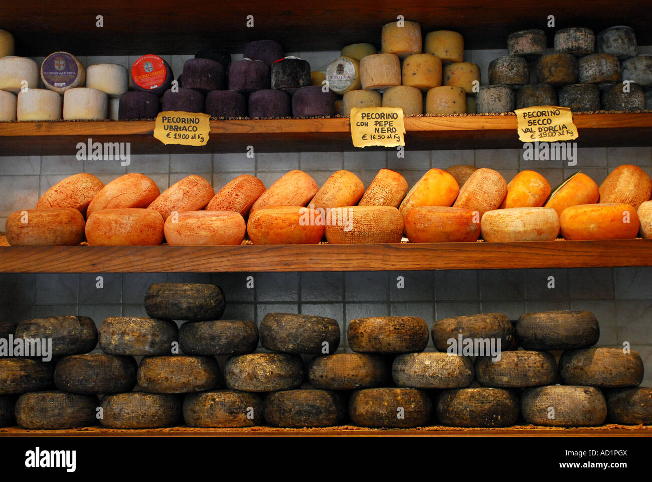 Different types of pecorino cheese on sale in a deli shop in Pienza
