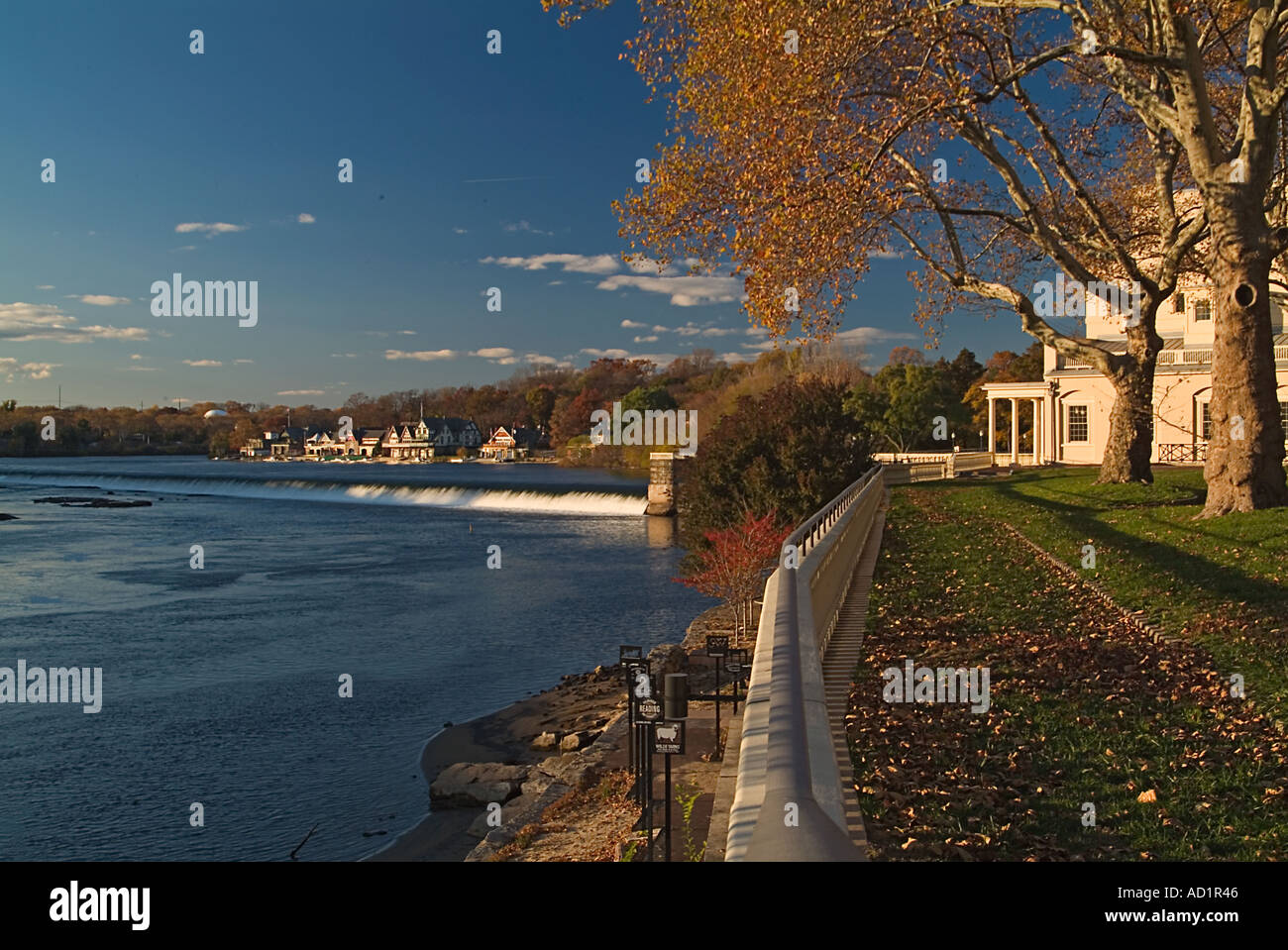 Boat House Row Philadelphia PA Fall waterfall United States view from the Museum of Art Stock Photo