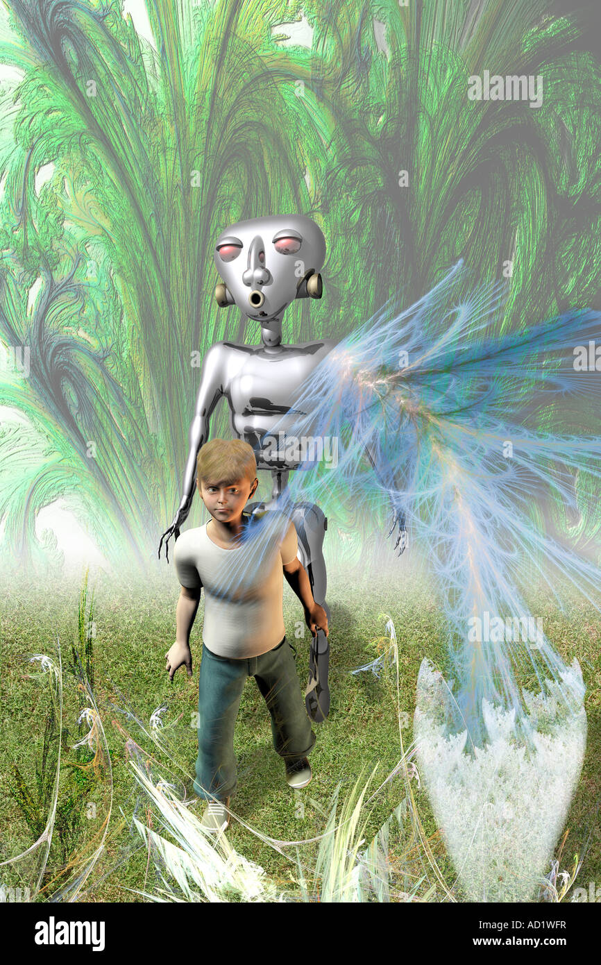 A boy and his robot in a fantasy world. Stock Photo