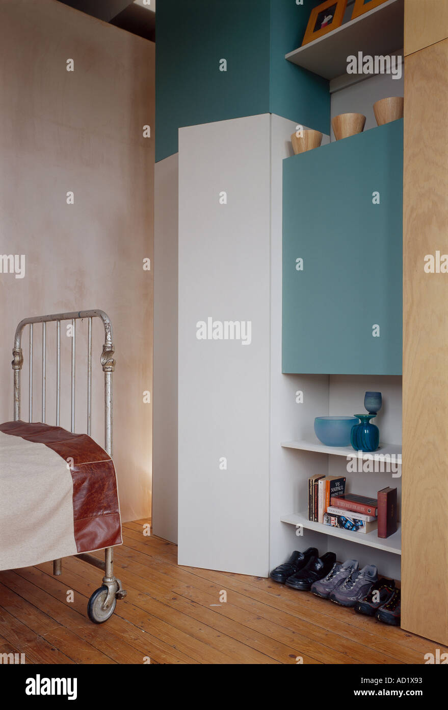 Glasgow Loft, Scotland. Guest bedroom with reclaimed hospital bed