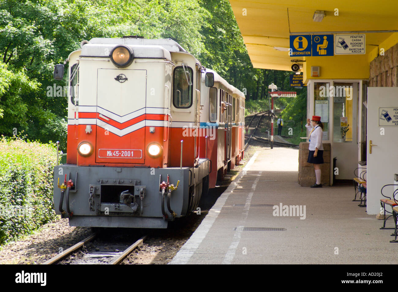 Budapest Hungary the Childrens Railway in the Buda Hills run by 10 to 14  year old scouts girl guard salutes train Stock Photo - Alamy