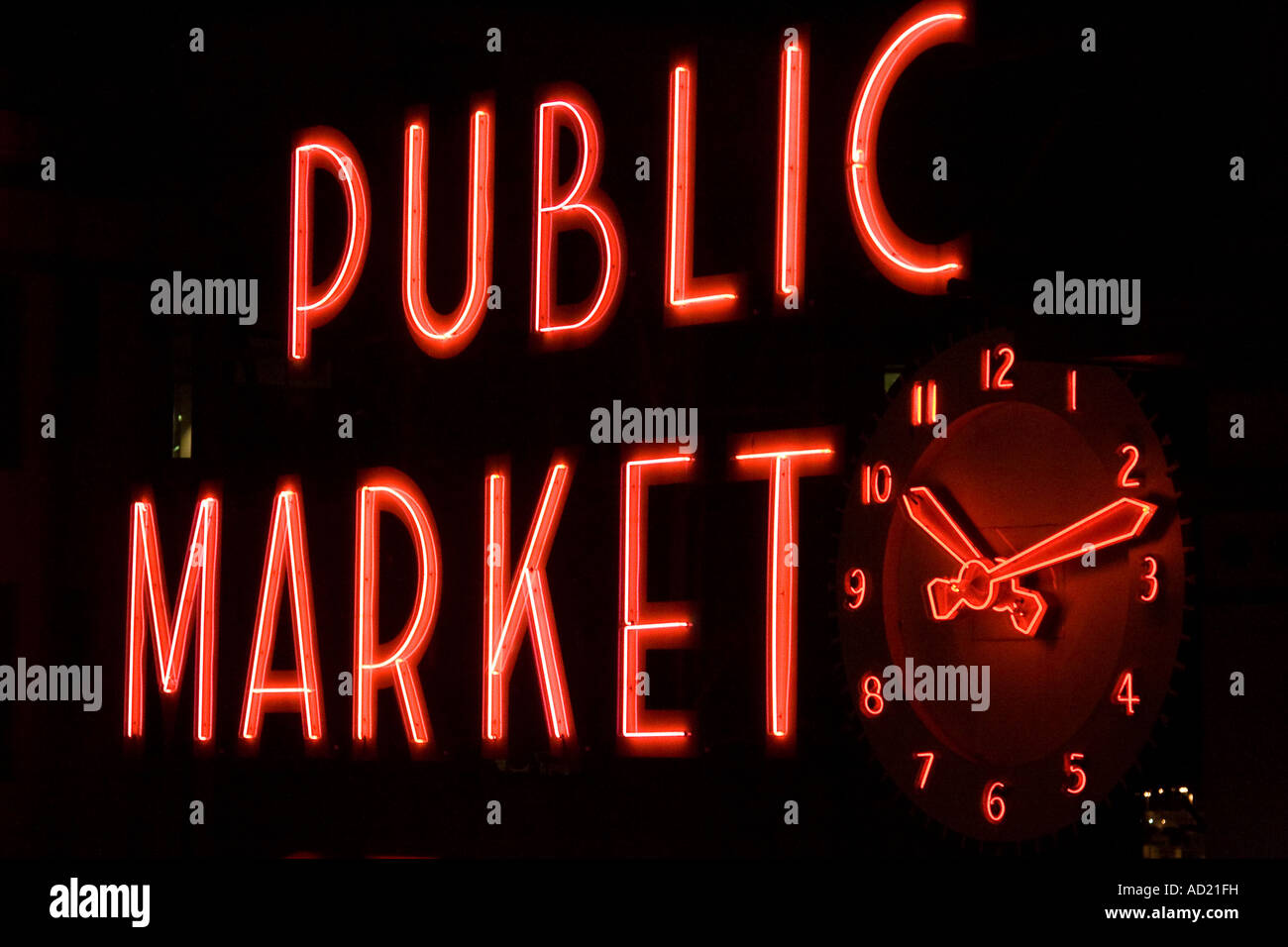 Neon Sign at Pike Place Market Public Market Seattle Washington USA Stock Photo
