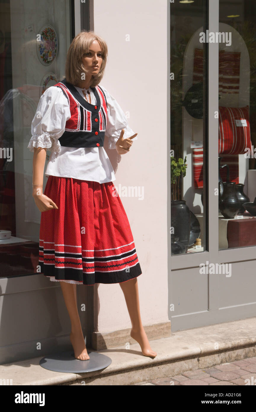 Hungarian National Costume on display by folklore shop in Budapest Stock Photo