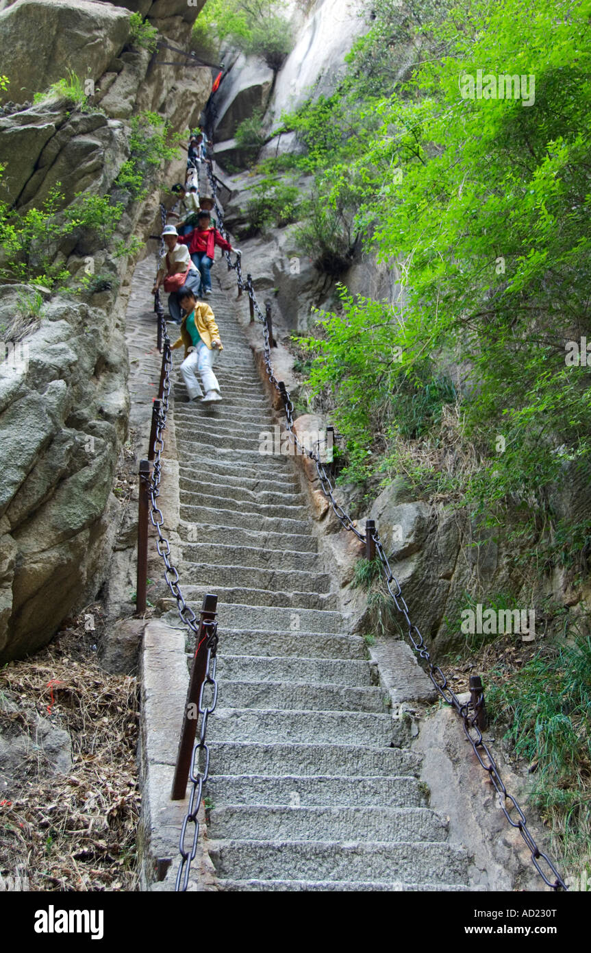 people climbing the steep steps on Hua shan a granite peaked mountain 2160m Shaanxi Province China Stock Photo