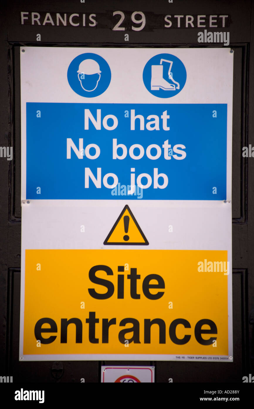 No Hat No Boots No Job Site Entrance Sign Stock Photo