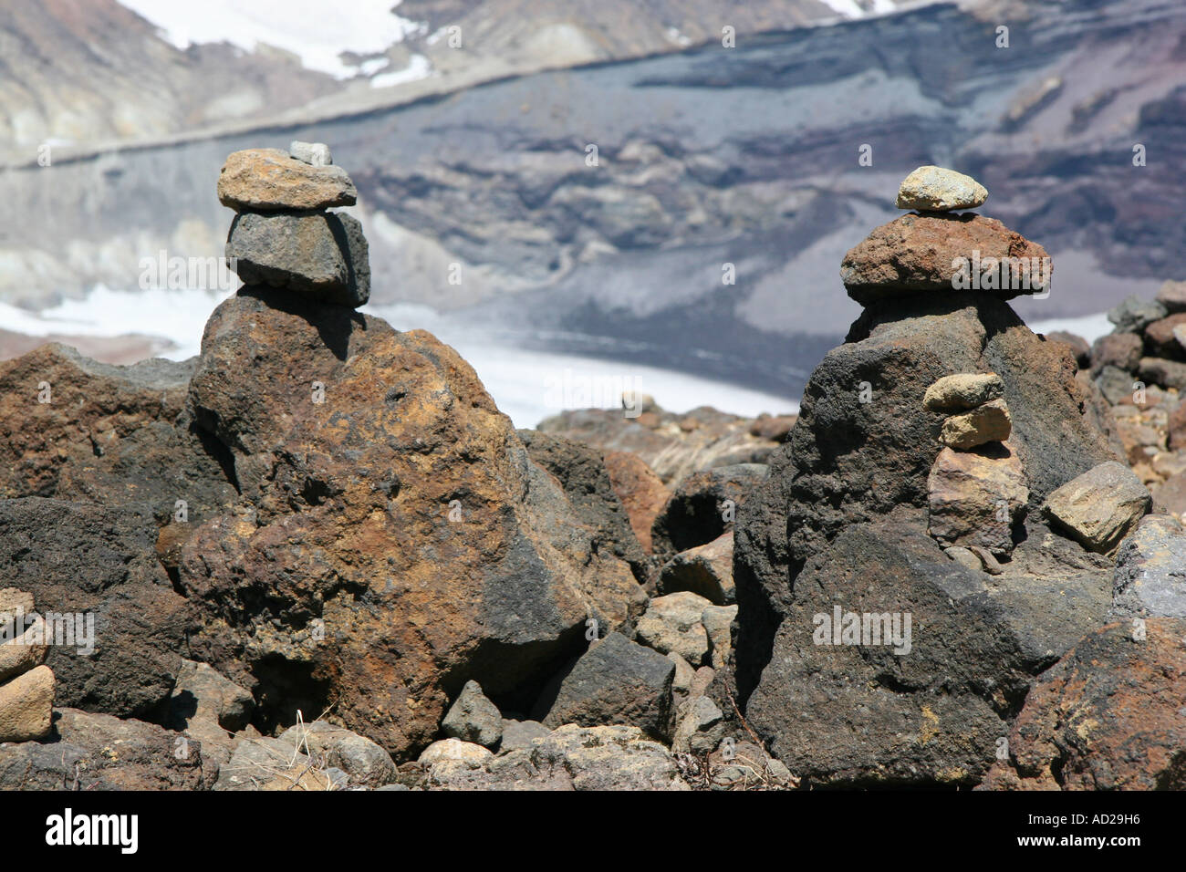 Rocks piled in prayer at the peak of Mt. Zao in north Japan Stock Photo