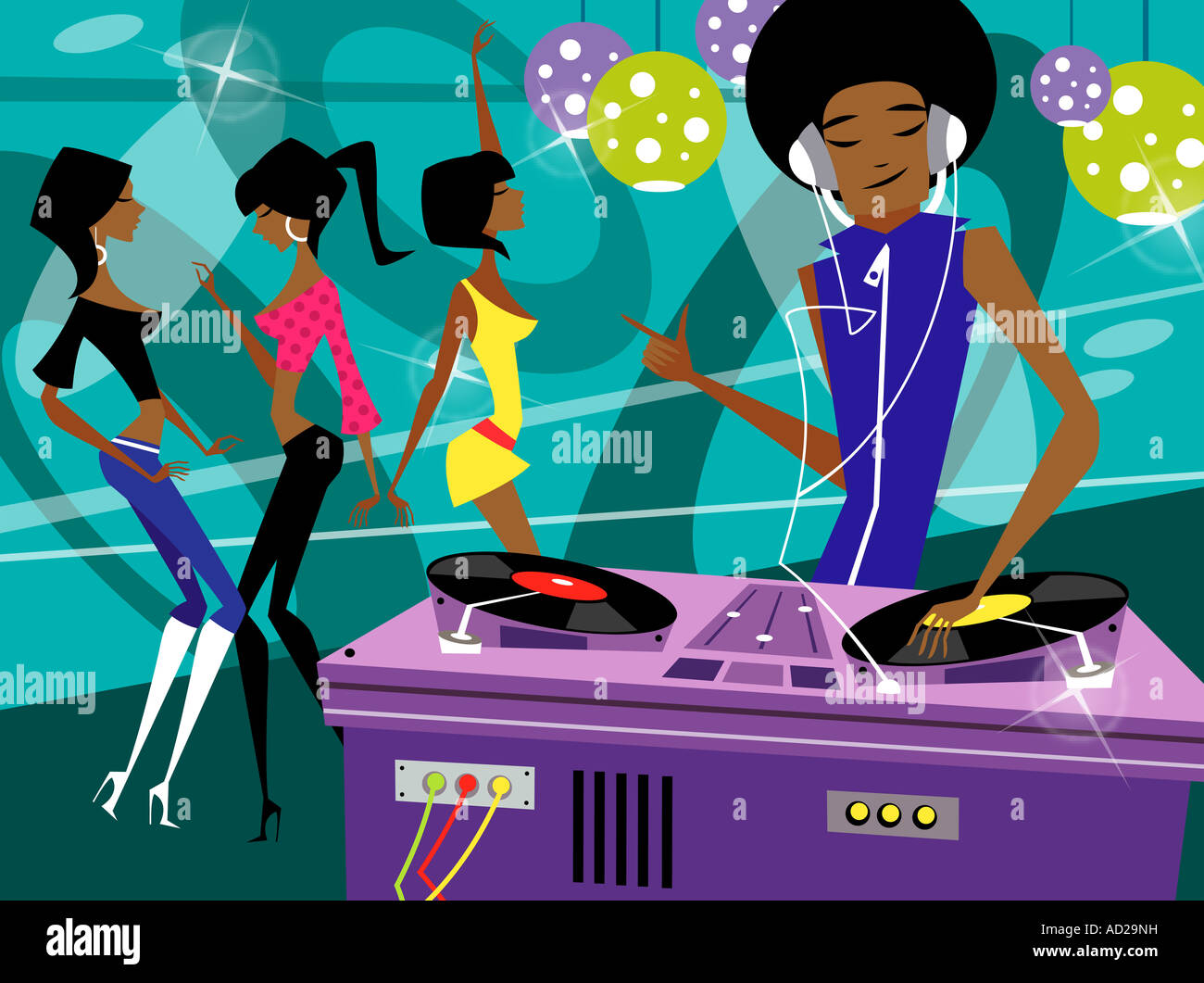 Male disc jockey playing music with three women dancing on the dance