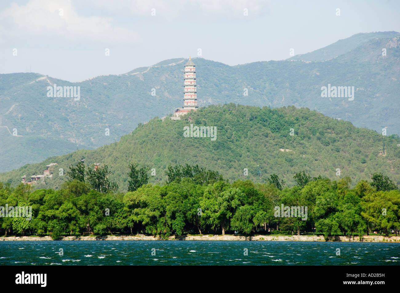 a pagoda on Yuquan Mountain seen across Kunming Lake at Yihe Yuan The