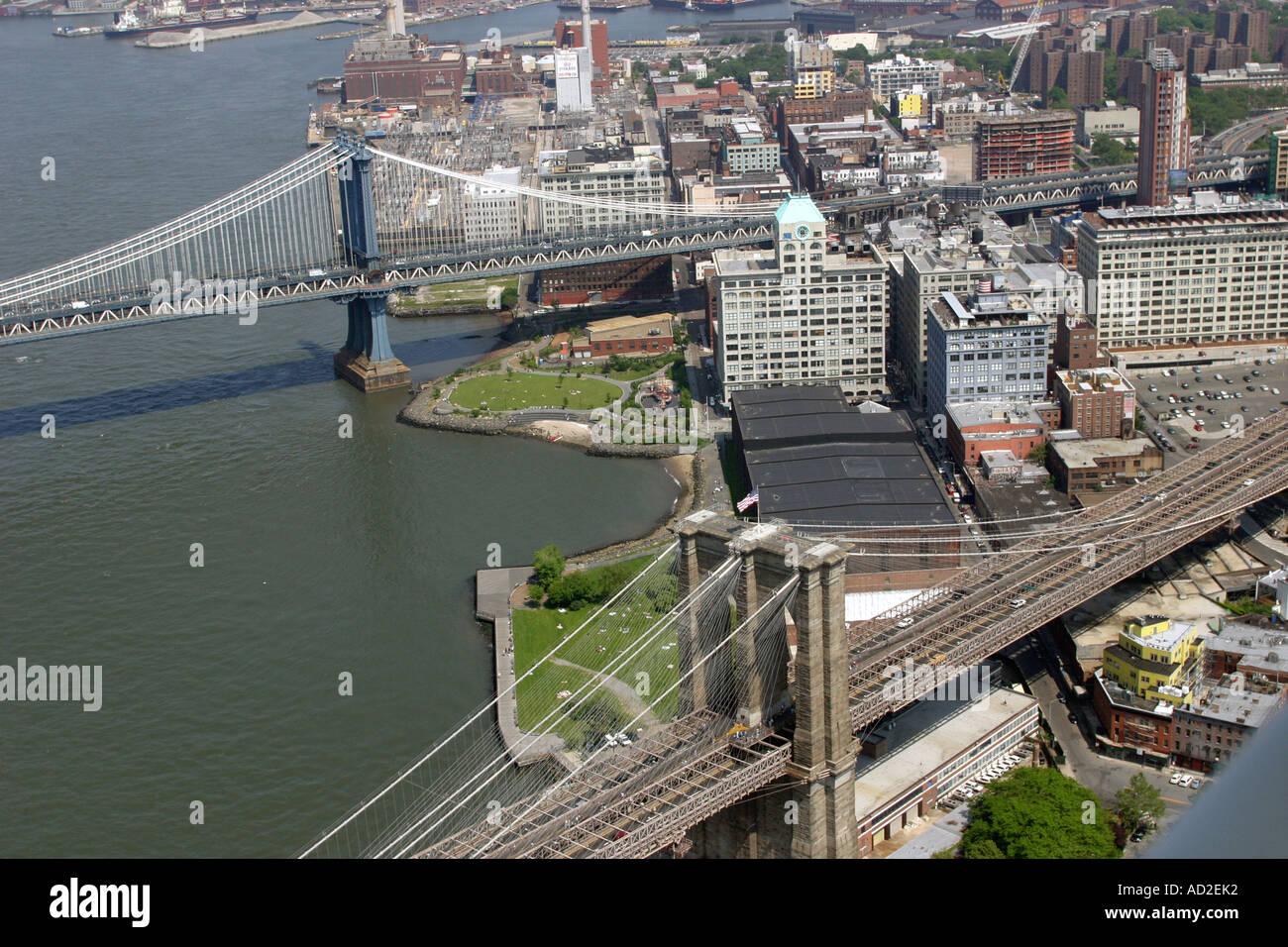 Aerial view of Brooklyn and Manhattan Bridges, New York City, U.S.A. Stock Photo