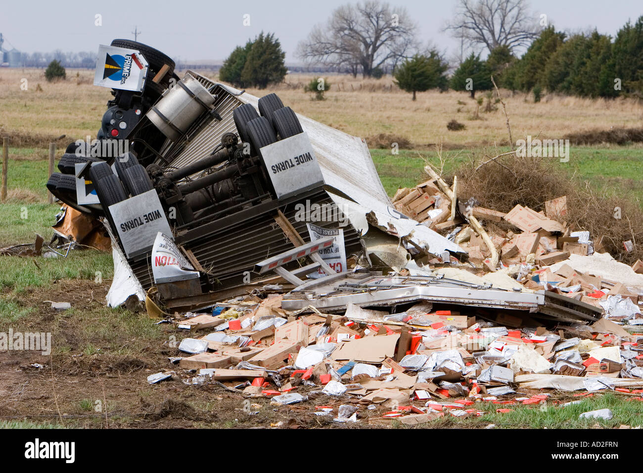 A wrecked semi truck full of food near Gothenburg, Nebraska, USA. Blown
