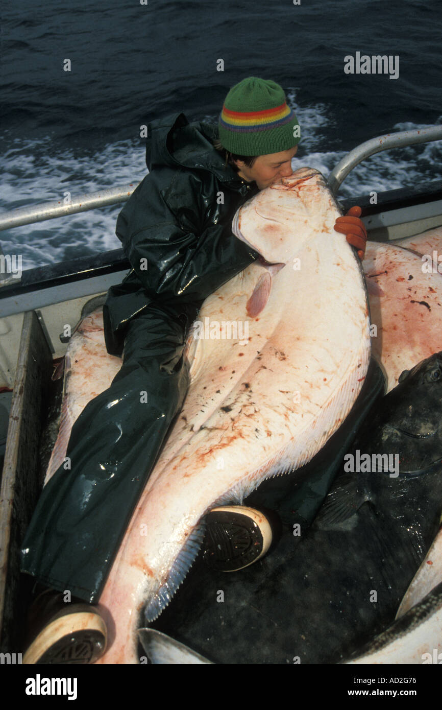 Kelly Steir catches and kisses a Pacific halibut Hippoglossus stenolepis long line fishing in the Gulf of Alaska Stock Photo