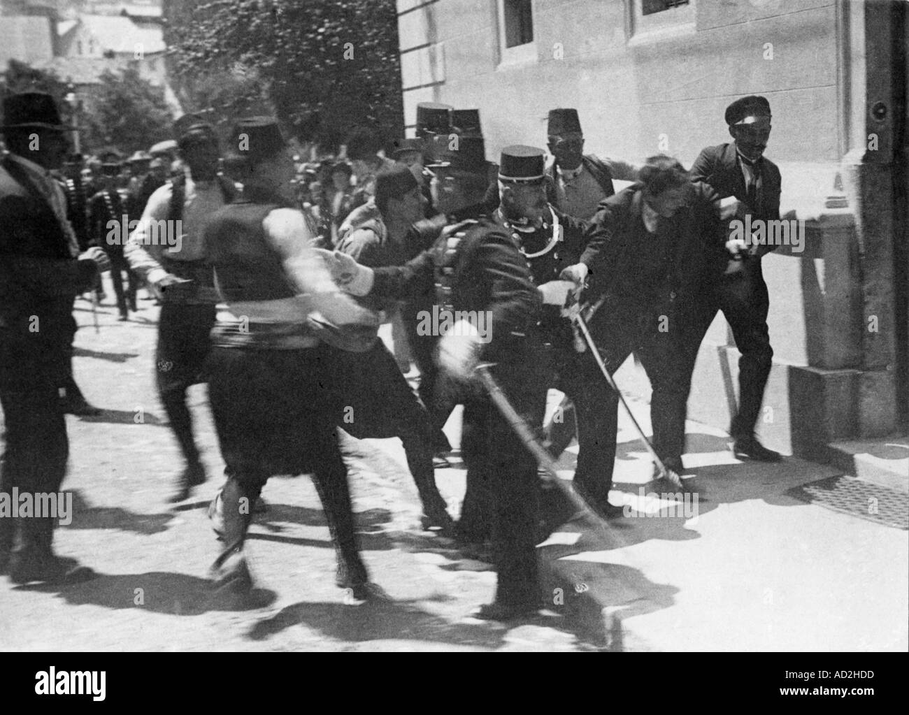 WW1 Sarajevo Gavrilo Princip second from right is hustled away following his assassination of Archduke Franz Ferdinand Stock Photo