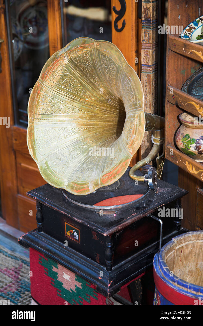 Antique His Masters Voice gramophone for sale in antique shop, Sighisoara, Transylvania, Romania Stock Photo
