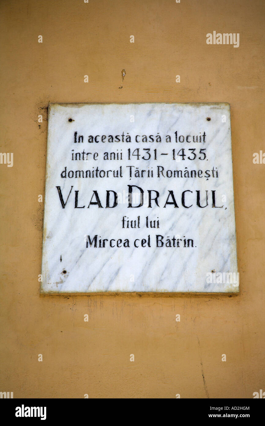 Wall plaque, Casa Dracula, birthplace of Vlad Dracul, Restaurant Vlad Dracul, Sighisoara, Transylvania, Romania Stock Photo