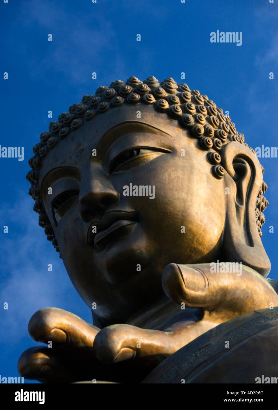 Detail of bronze Big Buddha statue at Po Lin Monastery Lantau Island in