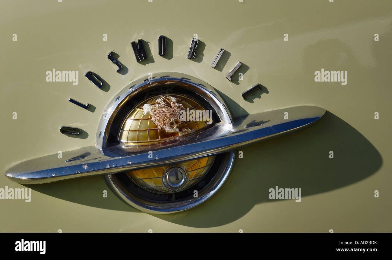 The ornament and trunk lock of a vintage Oldsmobile ca 1956 Stock Photo