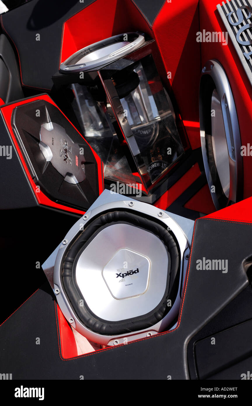 Powerful auto audio system Sony Xplod in a boot of a car speakers trunk  Tuning Stock Photo - Alamy