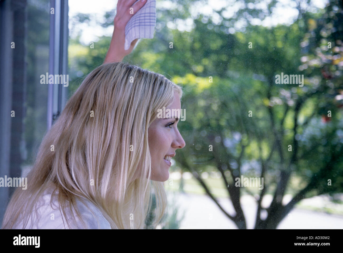 woman 20-40 cleaning window and looking out of window anticipate something Stock Photo