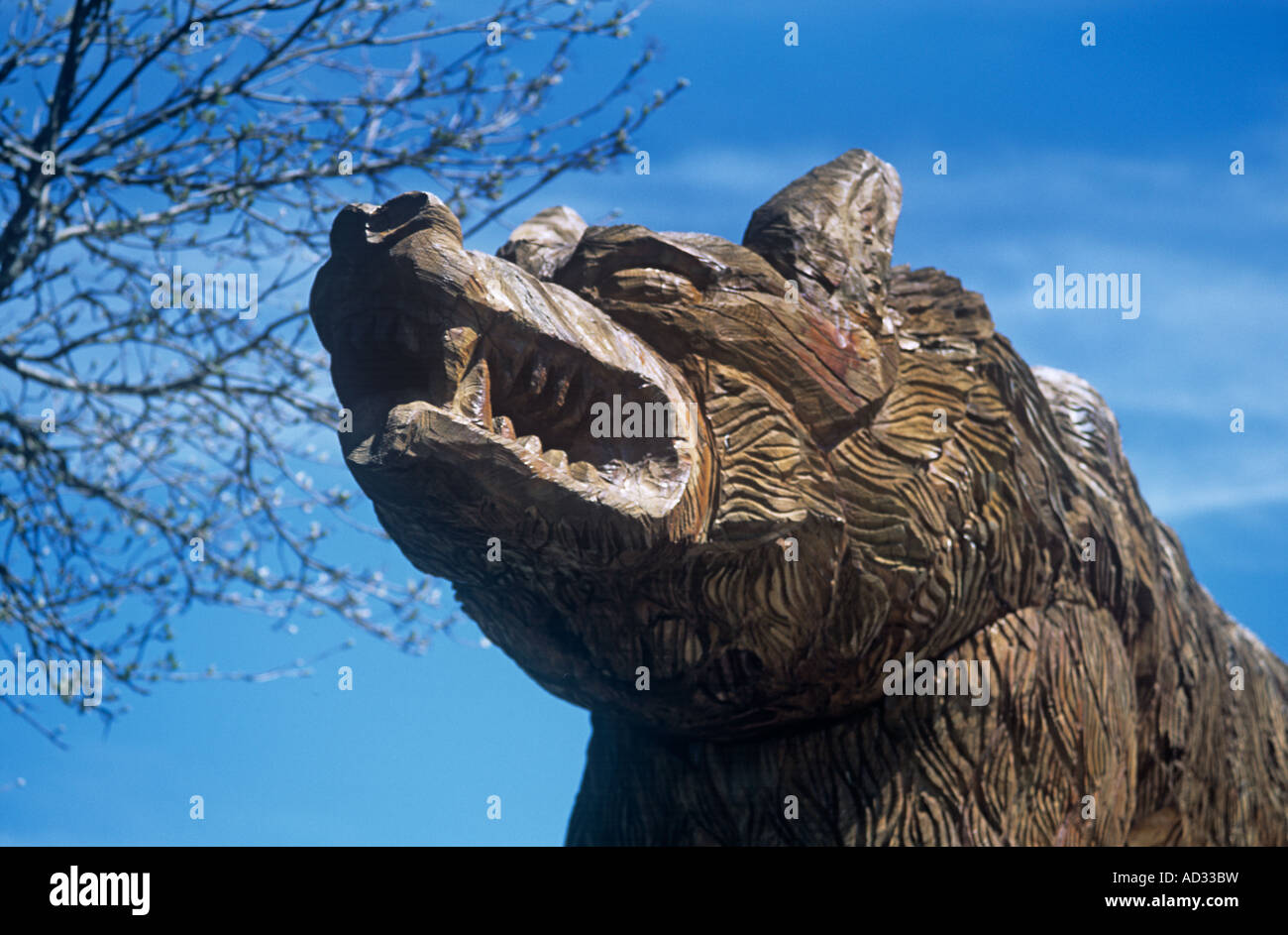 At Saugues en Gévaudun looms a vast woodcarving of the Bete du Gévaudun which terrorised 18th-century Auvergne country folk Stock Photo