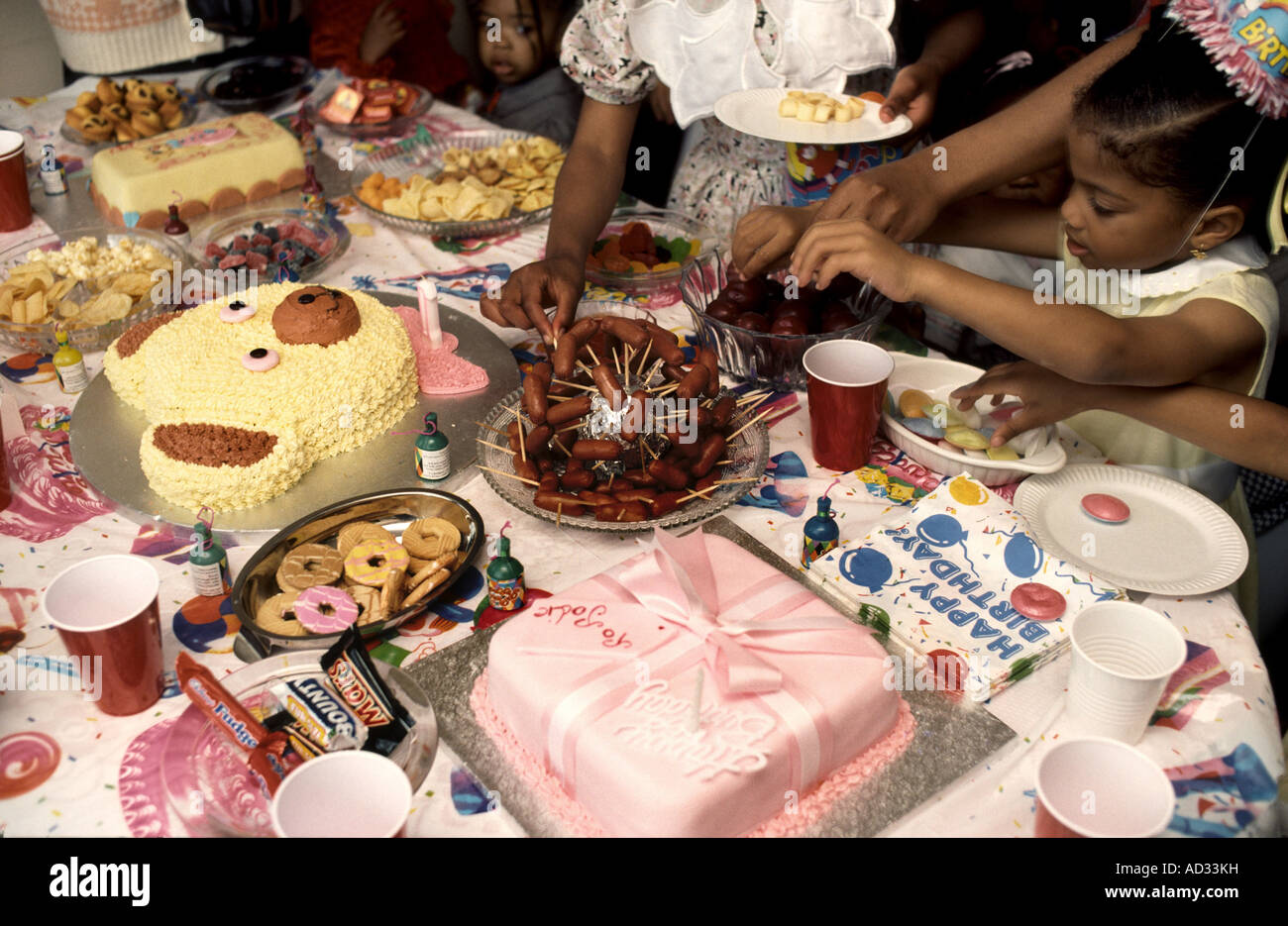 A close up shot of table set for a one year olds birthday party Stock Photo