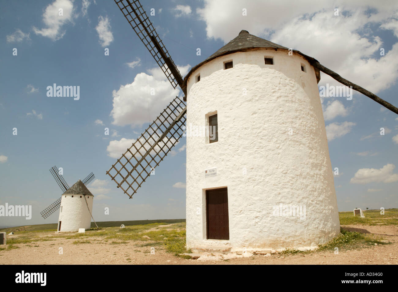 windmill, sky,ceiling, clud, area, Campo de Criptana, Ciudad Real, Don Quijote, Sancho Panza, Cervantes, La Mancha, Spain Stock Photo