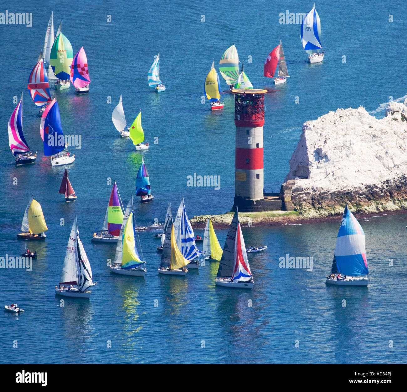 Aerial view. Sailing. Yachts at the Needles Lighthouse. Isle of Wight