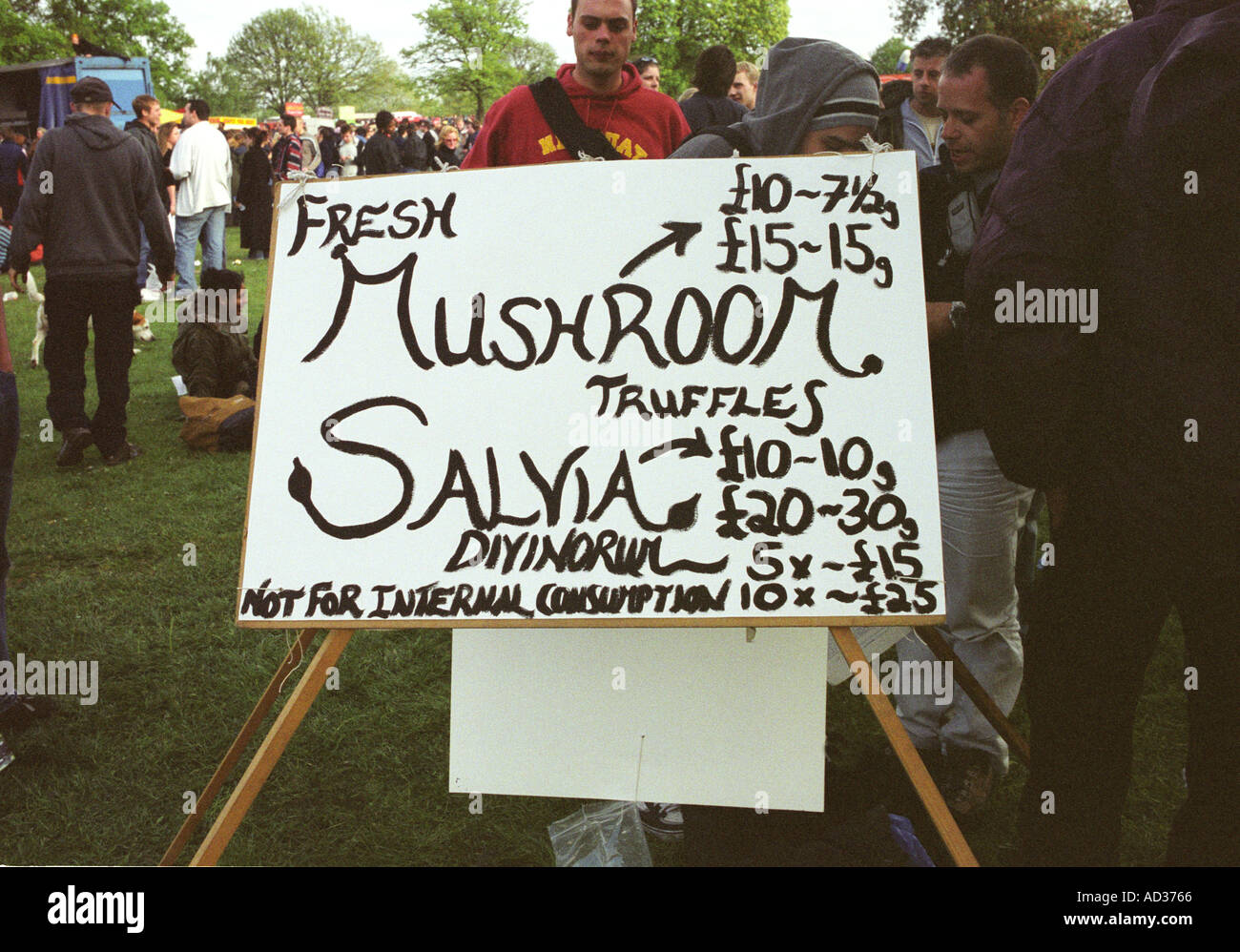 Magic mushrooms and herbal highs being sold at cannabis festival in Brockwell Park London. Stock Photo