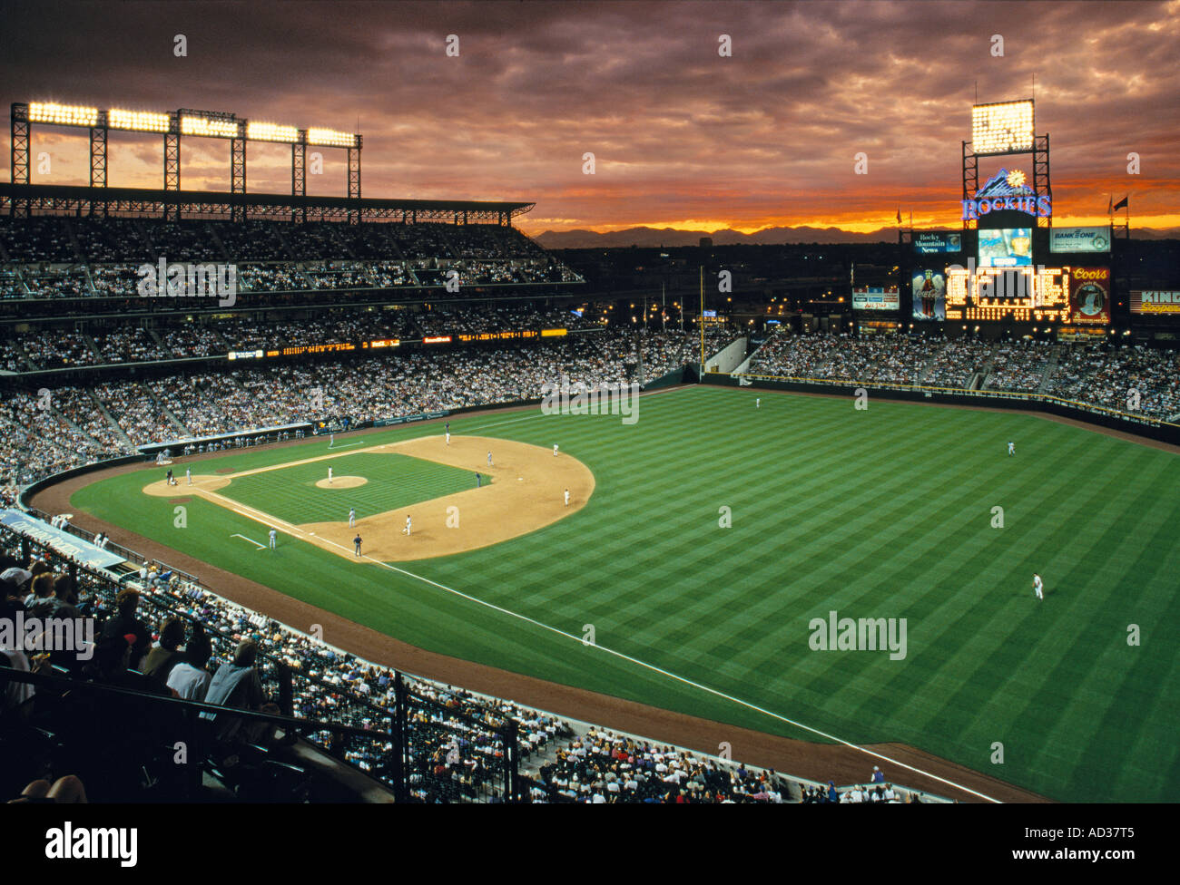 Sunset over a baseball game at Coors Field, home of the Colorado