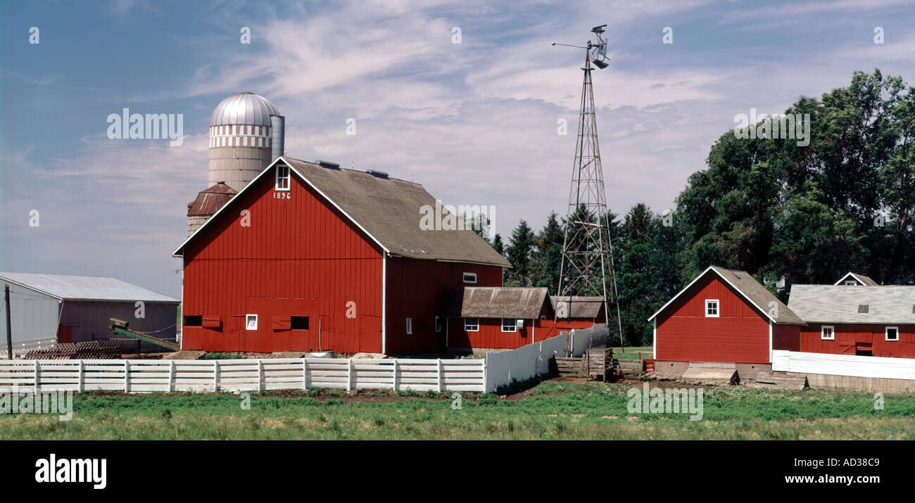 Wisconsin Dairy Farm Showing Red Barn Fence Silo Windmill And Stock Photo Alamy