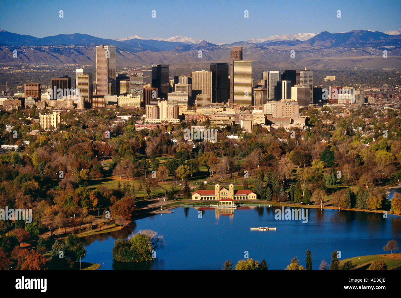 Skyline of denver colorado usa over the city park lake with the rocky