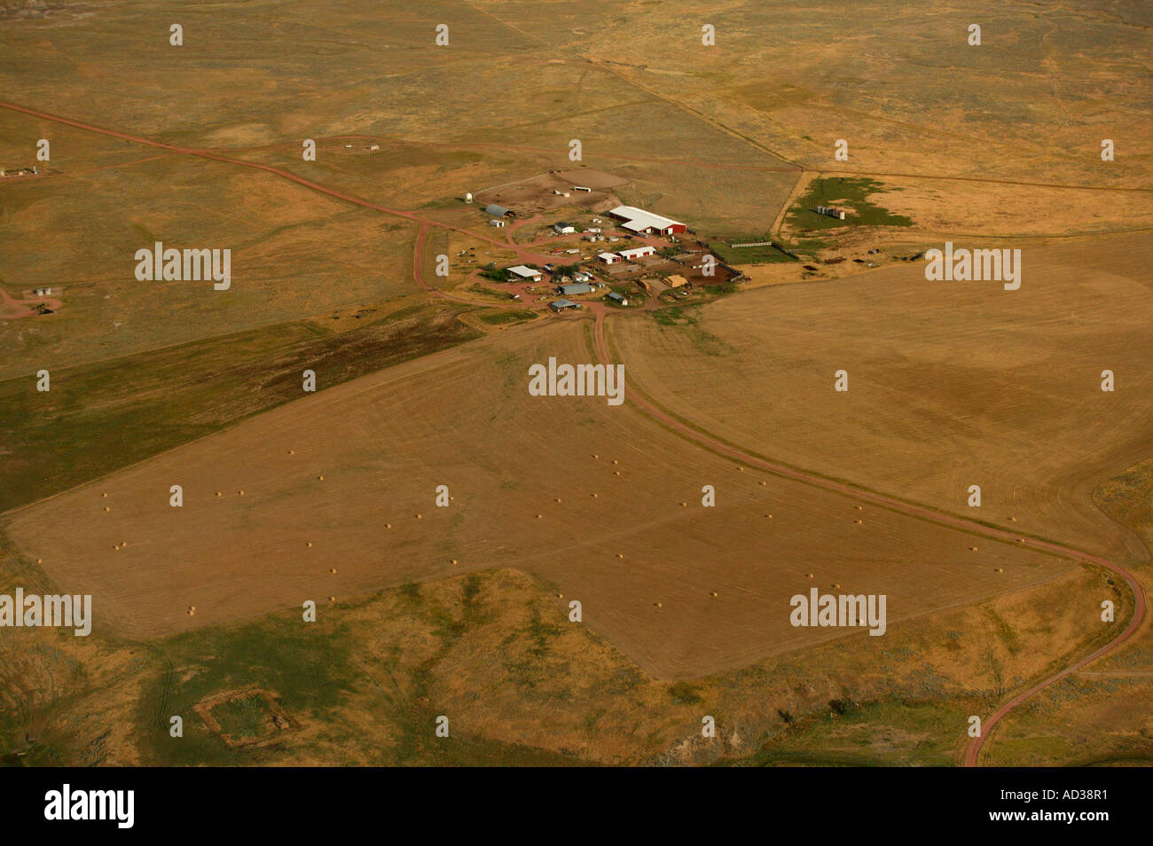 Aerial view of a small farm in Wyoming, USA. Stock Photo