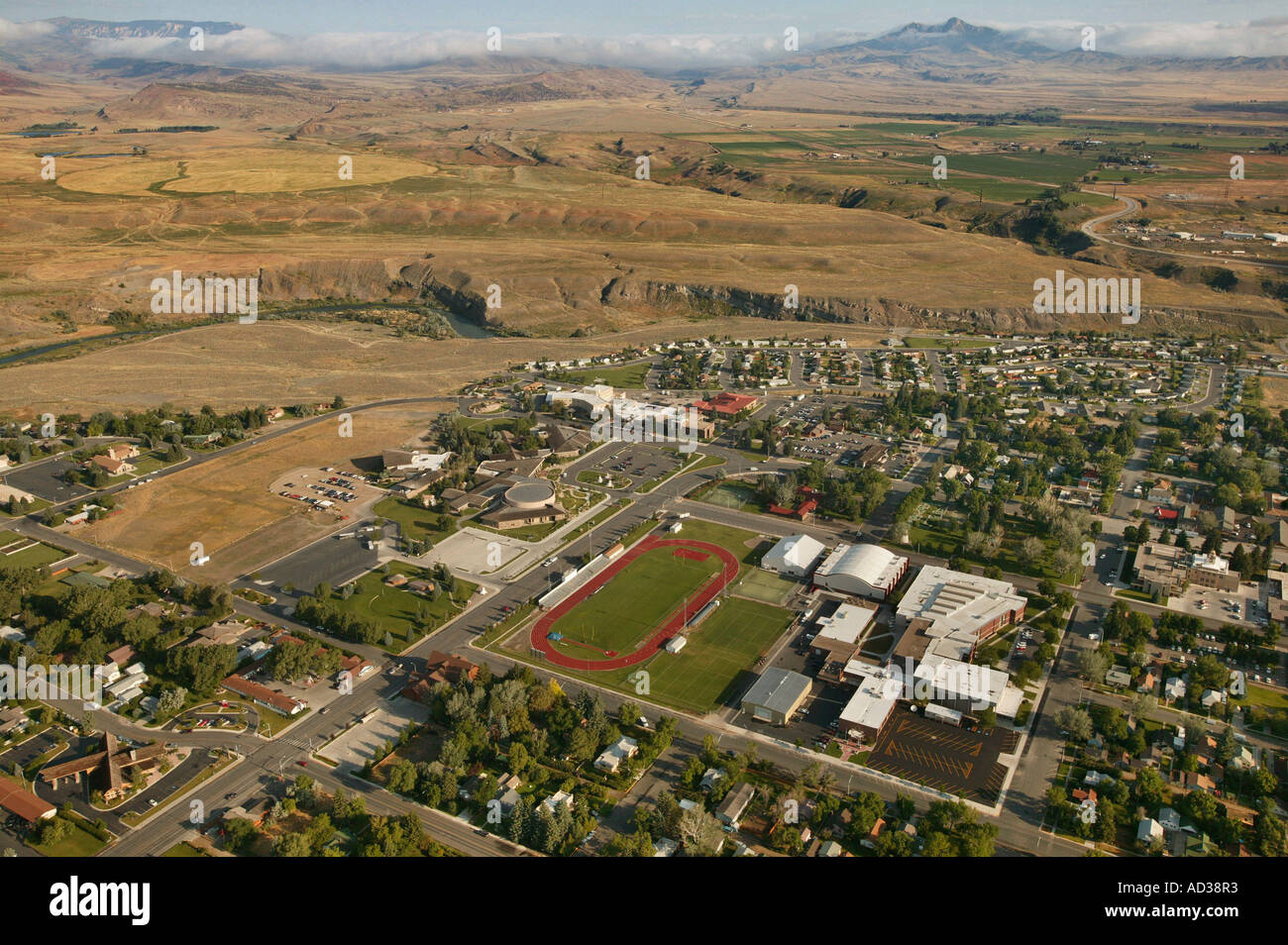 Aerial view of the town of Cody, Wyoming, USA. Stock Photo