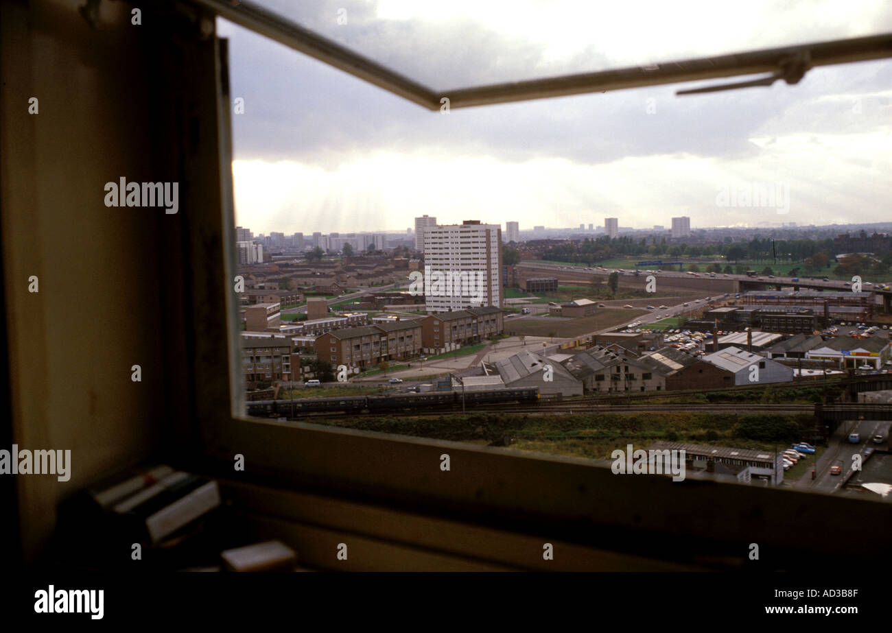 Looking out of the upper floor window of a highrise building in ...