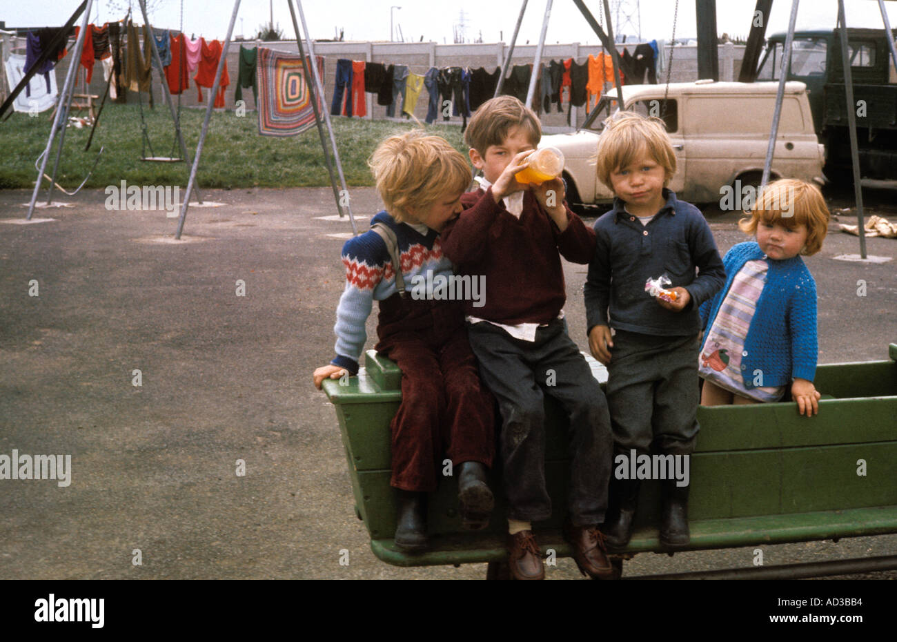 Gypsy children playing in camp site. Stock Photo