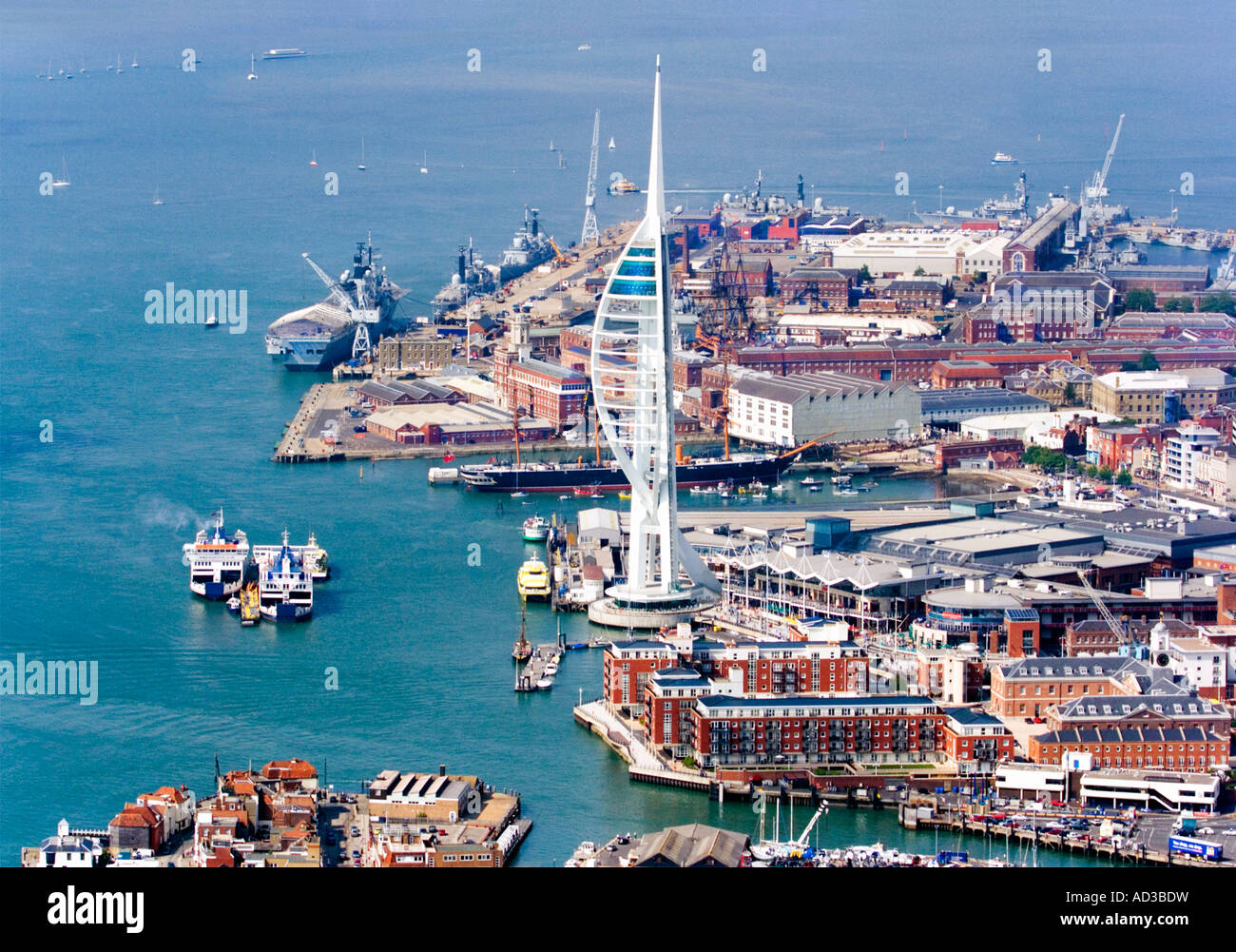 Aerial view. Spinnaker Tower. Royal Navy dockyard. Portsmouth Harbour. Hampshire. UK. Stock Photo