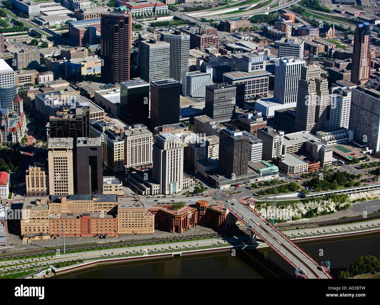 aerial view above Saint Paul Minnesota Mississippi river waterfront Stock Photo