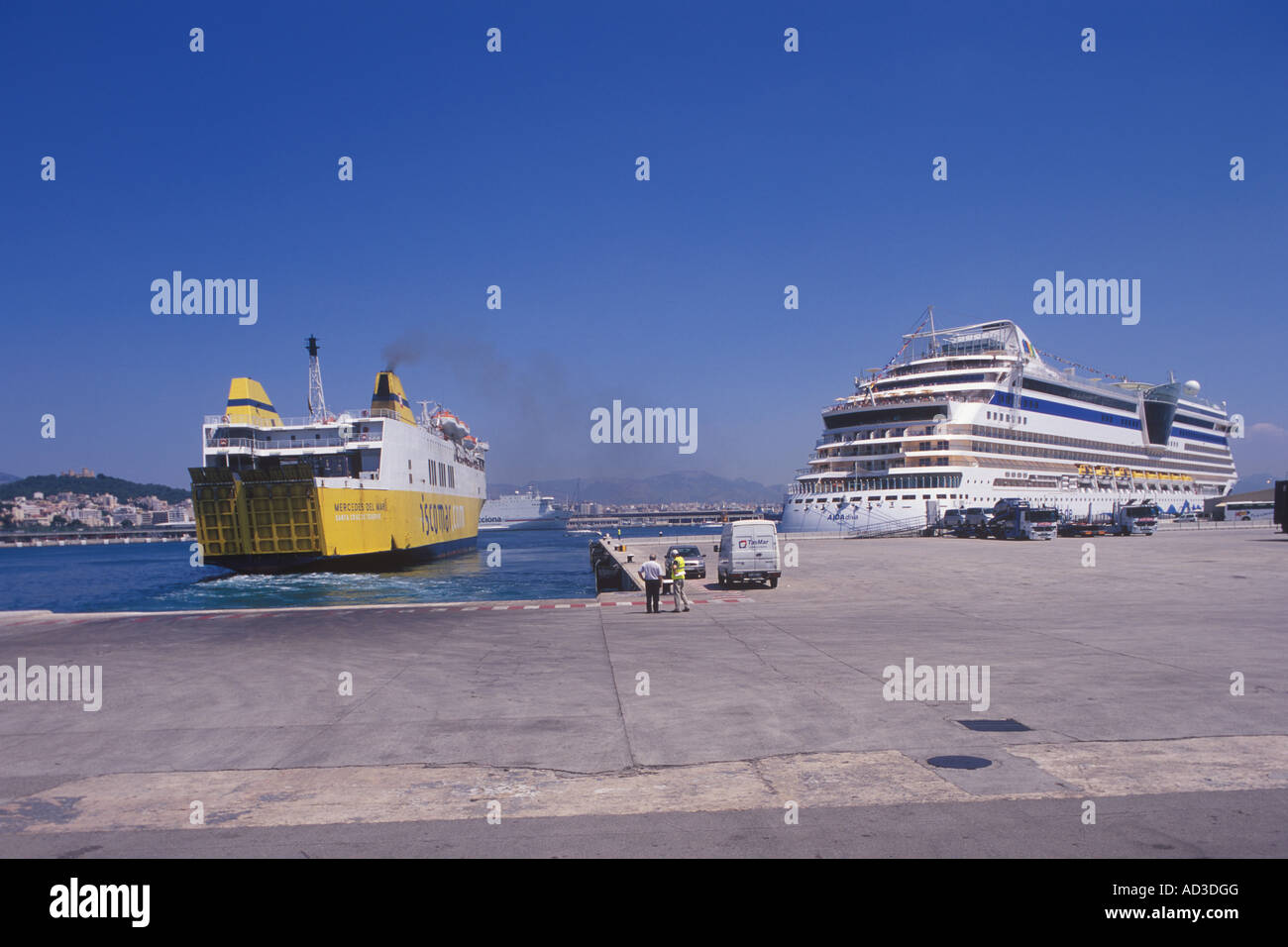 Cargo and passenger operations - departing ferry + cruise ship - in the ...